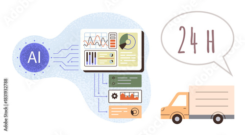AI processor linked to analytics dashboard with graphs, truck with 24H speech bubble. Ideal for automation, logistics, technology, optimization, efficiency, innovation delivery services. Simple flat