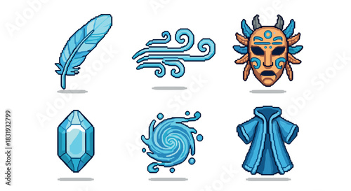 Six fantasy magic pixel art game icons representing the air element, with a feather, mask, crystal, robe, wind, and vortex,