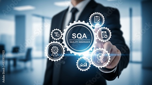 Software quality assurance concept businessman interacting with digital sqa system ensuring high standards and reliability in software development and testing processes