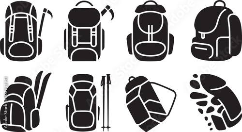 Eight black silhouette icons of backpacks and hiking gear Keywords: backpack, rucksack, bag, hiking, camping, travel, adventure, gear, equipment, trekking, mountaineering, expedition, outdoor