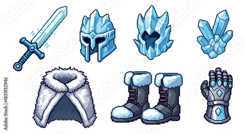 Pixel art set of fantasy ice armor and weapons, including a magical sword, helmet, gauntlet, boots, fur cloak, and crystal for a video game,