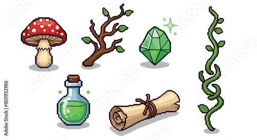 Pixel art set of fantasy RPG items including a mushroom, potion, crystal, scroll, branch, and vine, for a retro video game aesthetic