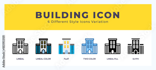 Building icon set with different styles. Icons designed in filled. outline. flat. glyph and line colored.