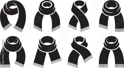 Eight Black Silhouette Icons of Scarves in Various Knots and Folds Keywords: scarf, scarves, winter, fashion, accessory, icon, silhouette, black and white, graphic, design, illustration, symbol