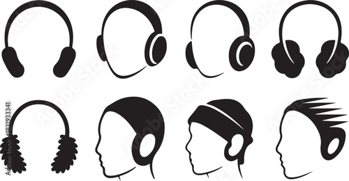 Eight Black Silhouette Icons of Headphones and Earmuffs Keywords: headphones, earmuffs, audio, music, sound, listening, winter, accessory, icon, silhouette, black and white, graphic, design