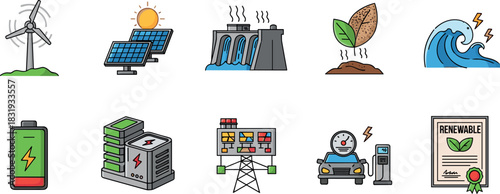 Renewable energy icons set - wind, solar, hydro, geothermal, wave
