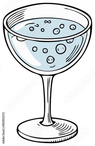 Hand-drawn goblet of sparkling liquid with bubbles, elegant stemware with wine or champagne.