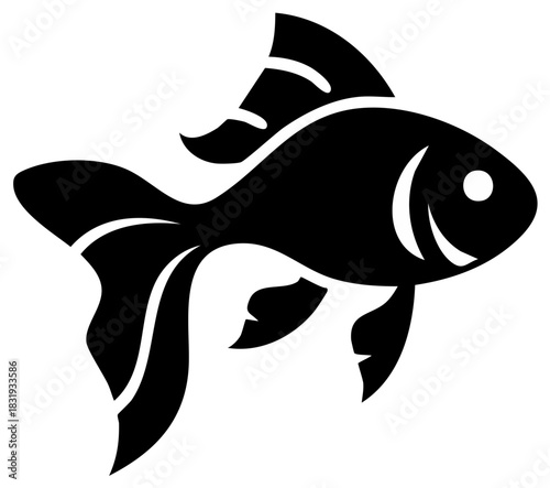 Black Silhouette of a Goldfish Swimming Calmly, Fin Detail and Friendly Expression, Minimalist Graphic