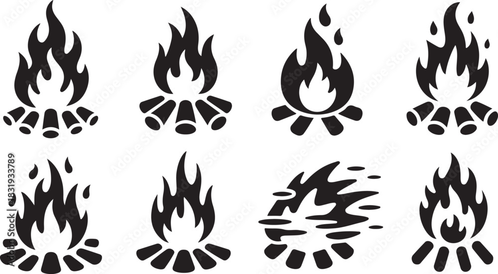 Obraz premium Eight black silhouettes of campfires with wood and abstract flames Keywords: campfire, fire, silhouette, wood, flames, burning, heat, icon, symbol, graphic, design, element, isolated, white