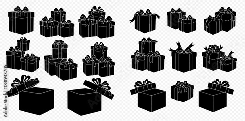 Silhouetted gift boxes of various sizes, some stacked, some open, all with ribbons and bows.