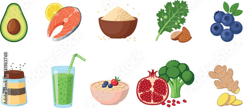 Healthy Food Assortment: Fruits, Vegetables, Grains, and Protein