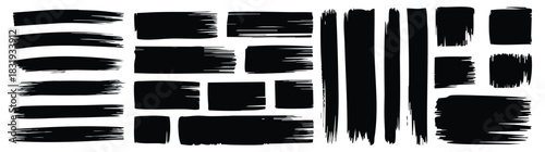 Vector brush strokes. Black hand drawn stripes, smears. Artistic grungy black paint hand made creative brush stroke set isolated on white background.