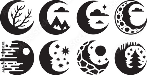 Eight stylized black and white moon and night scene icons with faces and celestial elements Keywords: moon icon, night icon, crescent moon, full moon, face, silhouette, stars, clouds, mountains