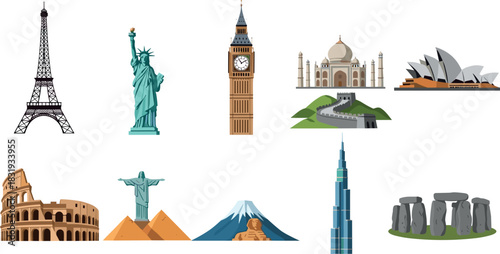 Famous World Landmarks Collection on White Background