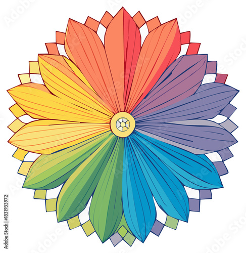 Abstract Rainbow Flower Mandala with Geometric Petals and Yellow Center
