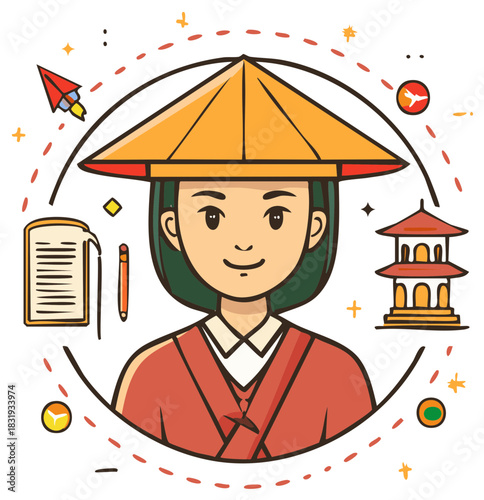 Woman Wearing a Traditional Asian Conical Hat Surrounded by Travel and Adventure Iconography