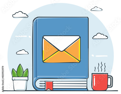 Blue book with email graphic beside plant and cup of hot drink on light blue background