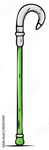 Cartoon Illustration of a Green Walking Cane with a Silver Handle