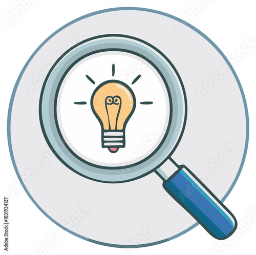 Magnifying glass examining a bright idea light bulb symbol on a light gray circle