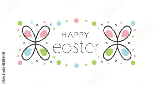 Happy easter greeting card with playful bunny ears and colorful polka dots in pastel shades on a white background celebrating spring and new beginnings