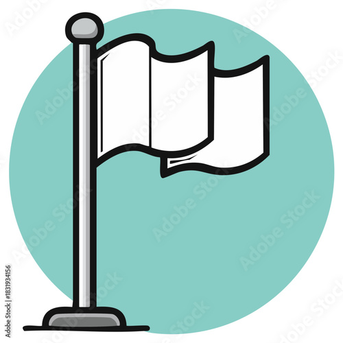 Cartoon white flag on pole waving against pastel background