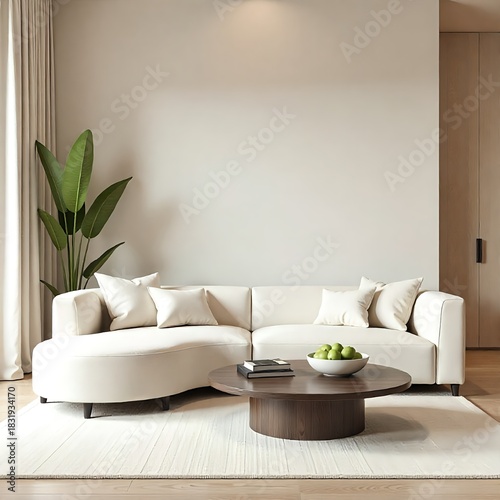 modern living room a light beige sofa with neutral cushions, a sleek black coffee table decorated with green apples, and a tall indoor plant against a clean, calm wall.