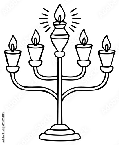 Classic five light candelabra drawing with radiating flames