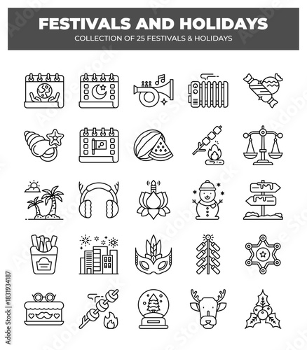 Collection of 25 Festivals and Holidays. Line Icons