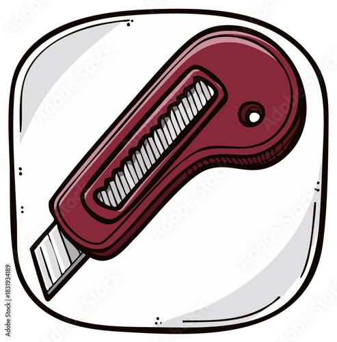 Utility Knife Cutter Burgundy Color Cartoon Hand Drawn Style Icon Illustration