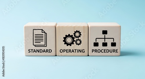 Standard operating procedure concept depicted on wooden blocks with document gears and flowchart icons on a light blue background