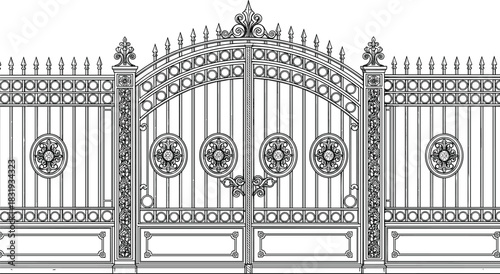 Ornate Black Wrought Iron Gate and Fence Architectural Drawing Vector Illustration, Luxury Vintage Entrance Security Design with Decorative Scrolls, Spikes, and Floral Motifs, High Detail