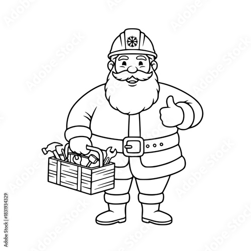 Santa Claus with Toolbox Outline Vector. Isolated Christmas Handyman Coloring Page Graphic.