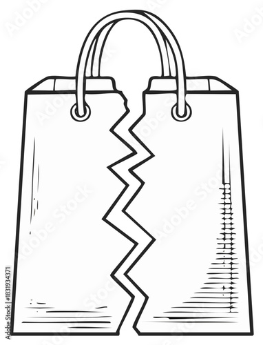 Shopping bag with zigzag crack concept broken purchases fragile delivery damaged goods