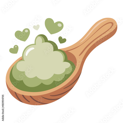 Wooden spoon filled with green powder and heart shapes