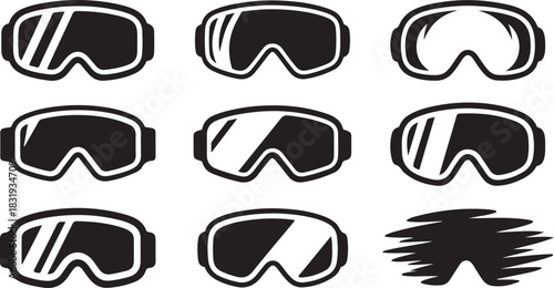 Nine black and white icons of ski goggles and snowboarding goggles with different lens styles Keywords: ski goggles, snowboarding goggles, eyewear, winter sports eyewear, snow goggles, protective