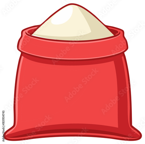 Cartoon illustration of a red sack overflowing with white flour or sugar for cooking