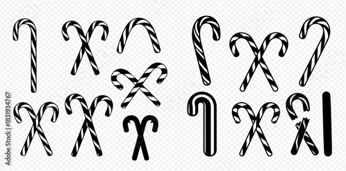 A collection of black and white candy cane illustrations in various arrangements and orientations.
