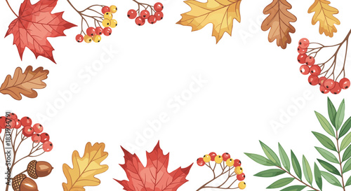 Watercolor Autumn Leaves Vector Frame with Acorns and Rowan Berries, Perfect for Seasonal Backgrounds, Fall Headers, and Thanksgiving Greeting Cards
