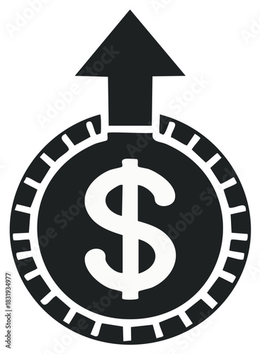 Black and white illustration of a dollar coin with an upward pointing arrow symbolizing financial growth