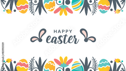 Happy easter greeting with cute bunny ears and decorative border of colorful patterned eggs and floral elements on a white background