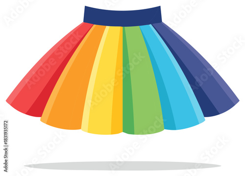 Colorful rainbow pleated skirt with vertical stripes. Bright vector illustration of fun children's clothing.