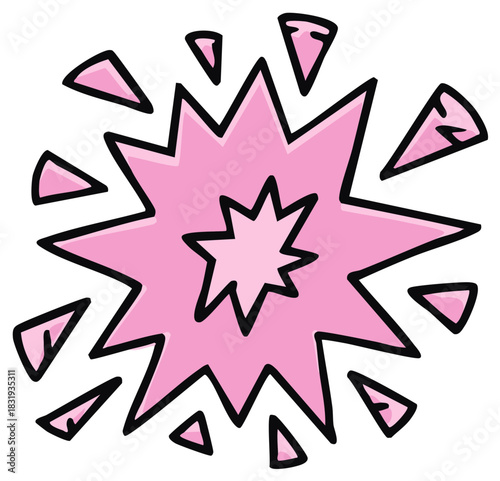 Cartoon explosion with pink shattered pieces around illustration concept for breaking bursting news