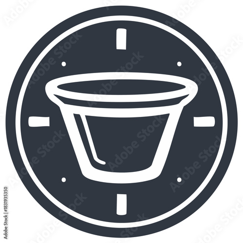 Glyph icon of a single serve coffee pod on a clock face for coffee break and morning routine concept