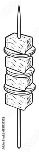 Black and white line art illustration of a meat and vegetable shish kabob on a skewer