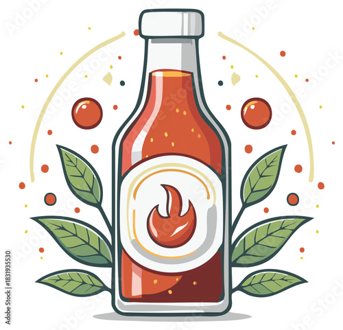 Illustrated hot sauce bottle with a fiery flame symbol on the label and fresh leaves
