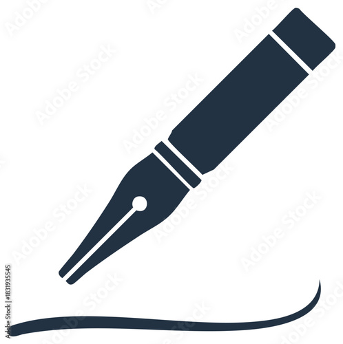 Fountain pen illustration with line graphic vector, writing instrument icon, flat design drawing symbol