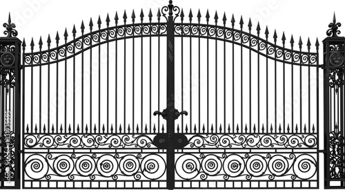 Ornate Black Wrought Iron Gate, Elegant Forged Metalwork Isolated on White Background, Classic Victorian Architectural Security Entrance Vector Illustration