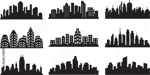 Nine Black Silhouette Cityscape and Skyline Illustrations Keywords: cityscape, skyline, city, urban, architecture, buildings, skyscrapers, silhouette, graphic, design, illustration, black and