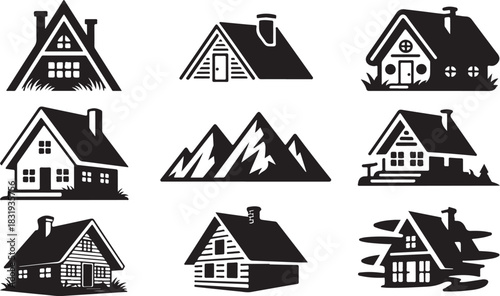 Nine black silhouette icons of rustic cabins and mountain landscapes house home