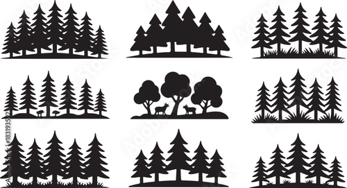 Nine Black Silhouette Illustrations of Trees, Deer, and Mushrooms on White Background pine tree fir tree